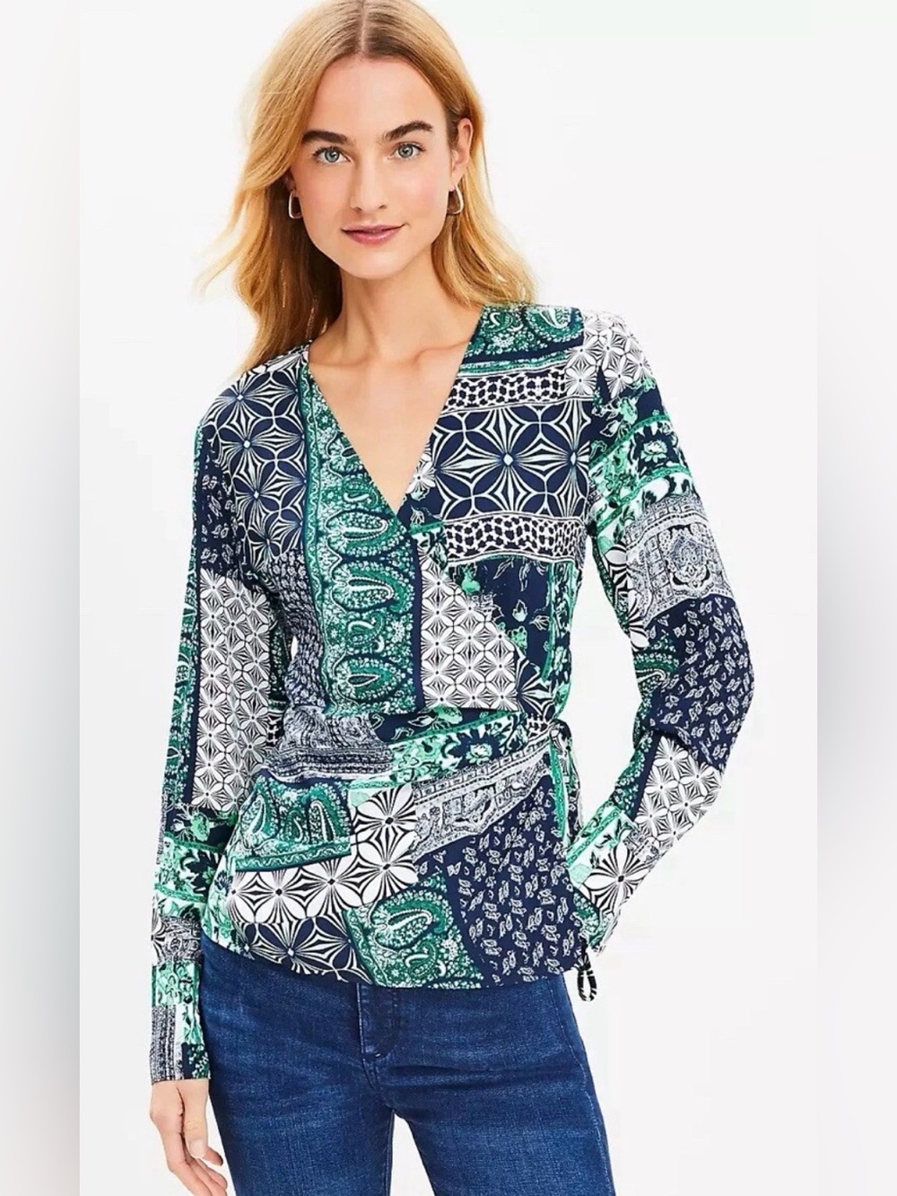 LOFT NWT Patchwork Wrap Blouse - Deep Space Blue - Size XL